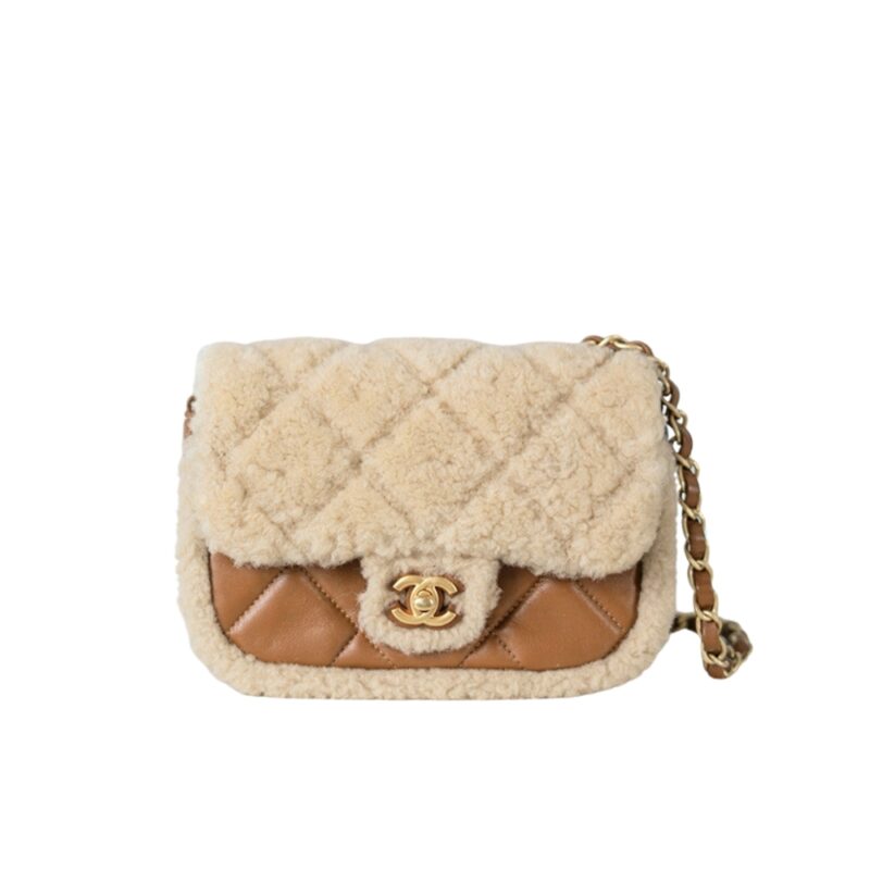 CHANEL MINI FLAP BAG SHEARLING BEIGE & BROWN 18CM AS5148-B18194-NZW48