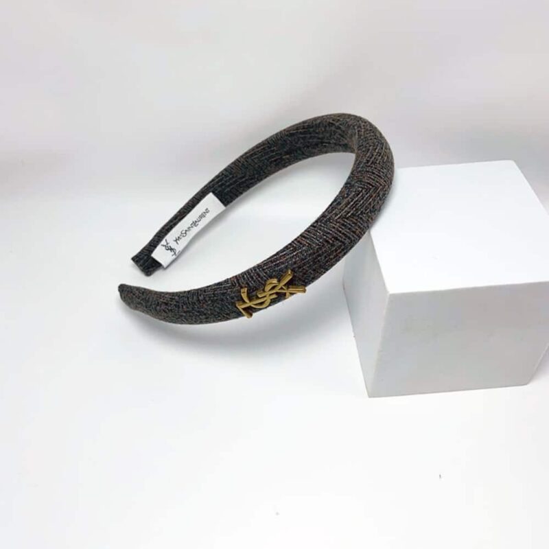 Alternative view of SAINT LAURENT SMALL YSL TWEED HEADBAND WITH GOLD HARDWARE IN DARK GREY