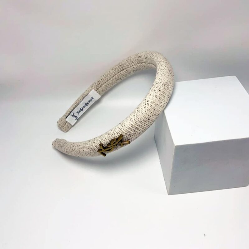 Alternative view of SAINT LAURENT SMALL YSL TWEED HEADBAND WITH GOLD HARDWARE IN WHITE