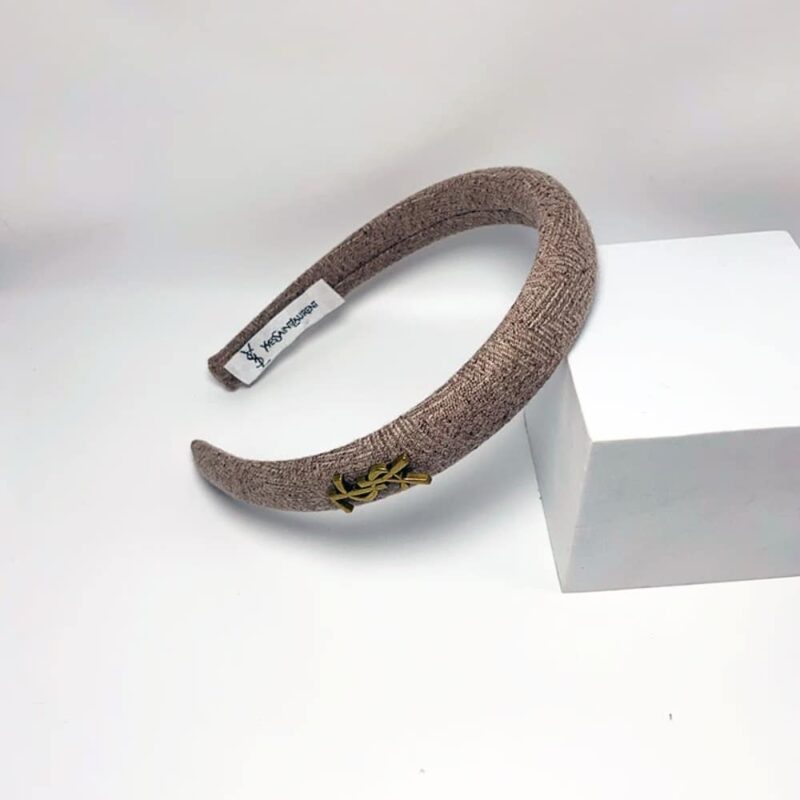 Alternative view of SAINT LAURENT SMALL YSL TWEED HEADBAND WITH GOLD HARDWARE IN LIGHT BROWN