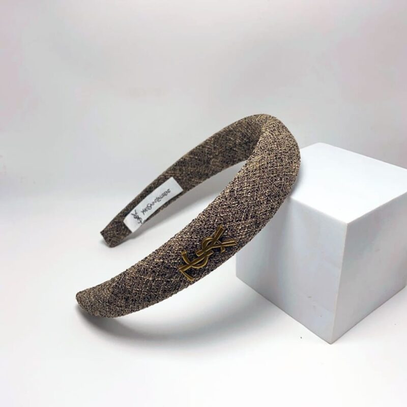 Alternative view of SAINT LAURENT YSL TWEED HEADBAND WITH GOLD HARDWARE IN LIGHT BROWN