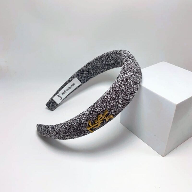Alternative view of SAINT LAURENT YSL TWEED HEADBAND WITH GOLD HARDWARE IN LIGHT GREY