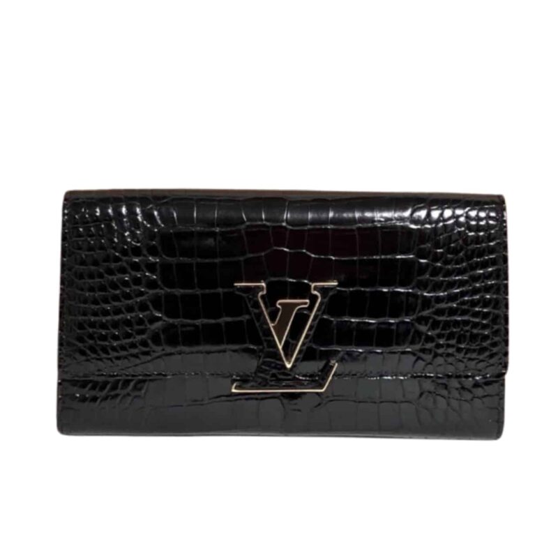 LOUIS VUITTON CAPUCINES CROCODILE LEATHER LONG WALLET BLACK 20CM