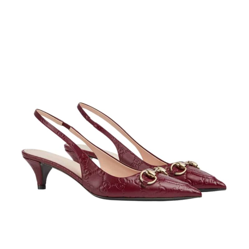 GUCCI WOMEN'S HORSEBIT SLINGBACK PUMP GG LEATHER ROSSO ANCORA RED ‎782407 AAEGJ 6207