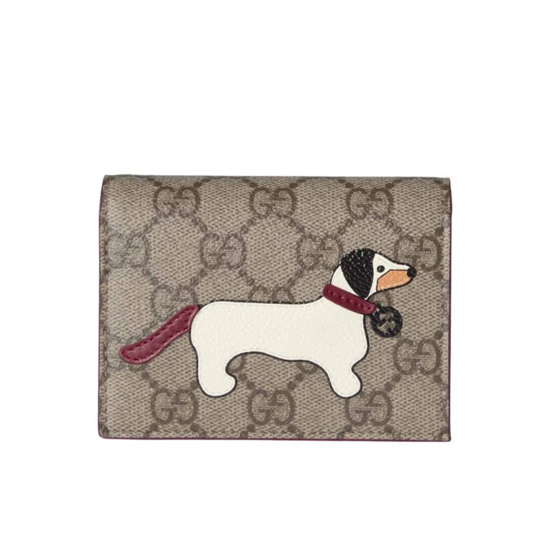GUCCI GG MINI WALLET WITH DOG DETAIL BEIGE AND DARK BROWN 11CM