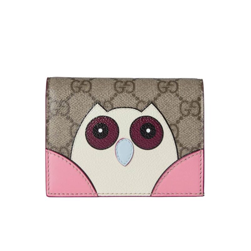 GUCCI GG MINI WALLET WITH OWL DETAIL BEIGE AND DARK BROWN 11CM