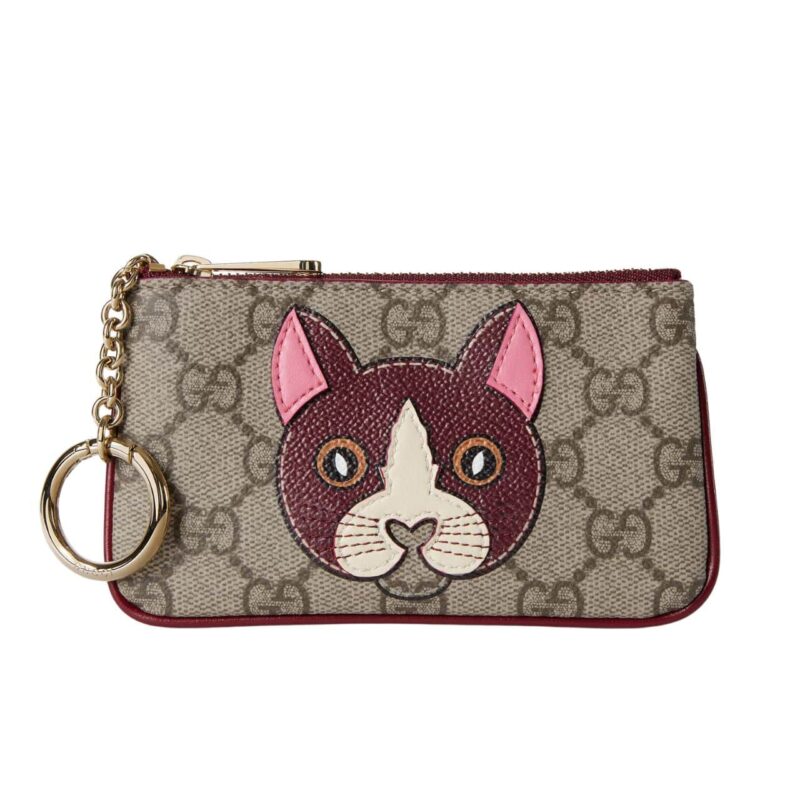 GUCCI KEY CASE WITH GG AND CAT DETAIL BEIGE AND DARK BROWN 12CM
