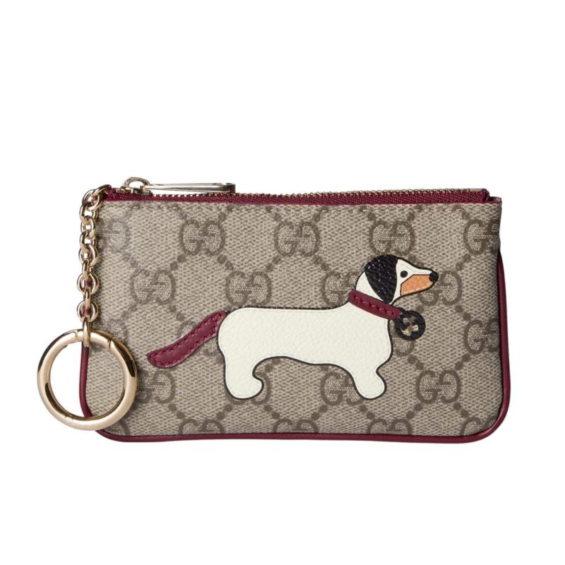 GUCCI KEY CASE WITH GG AND DOG DETAIL BEIGE AND DARK BROWN 12CM
