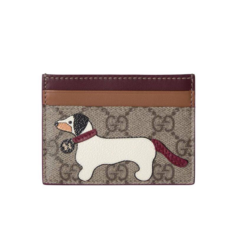 GUCCI BI-COLOR GG CARD CASE WITH DOG DETAIL BEIGE AND DARK BROWN 11CM
