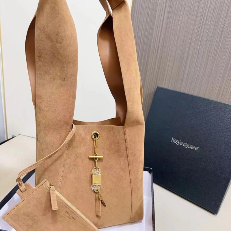 Alternative view of SAINT LAURENT SUEDE SHOULDER BAG WITH PADLOCK DETAIL BROWN 27CM