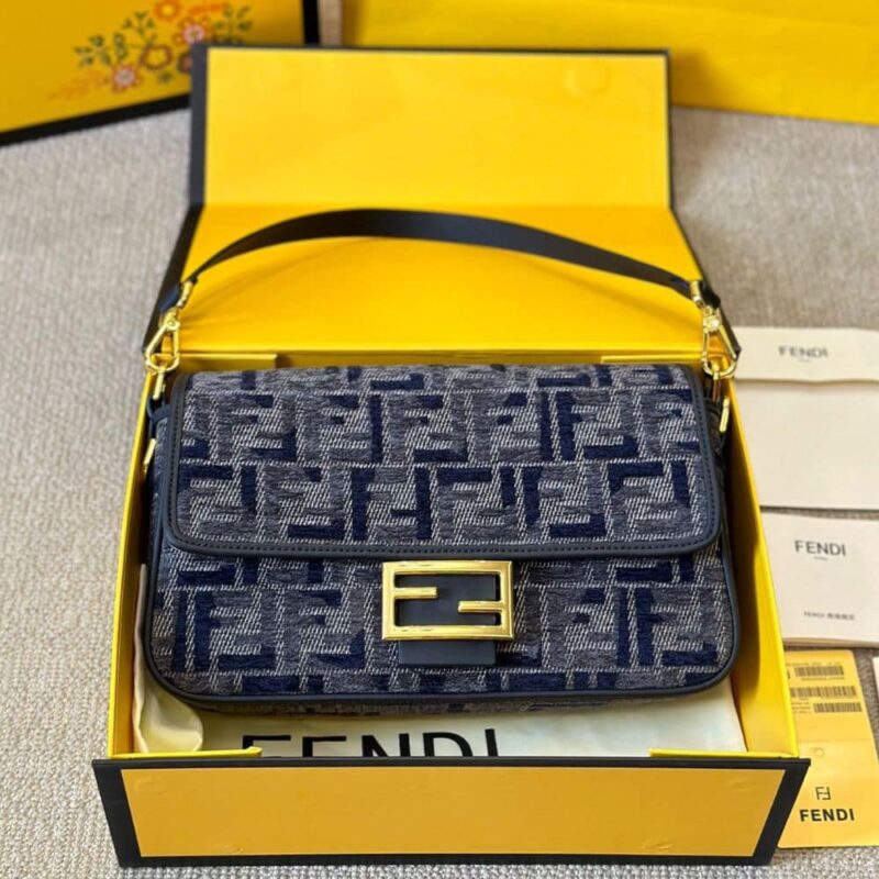 Alternative view of FENDI BAGUETTE FF CHENILLE BAG DARK BLUE 27CM