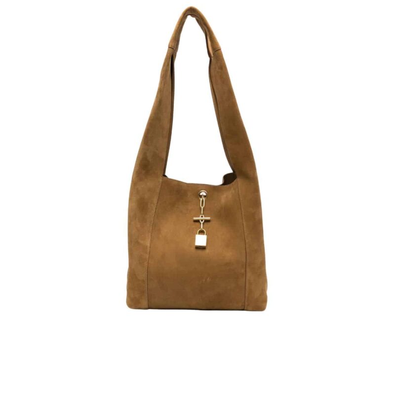 SAINT LAURENT SUEDE SHOULDER BAG WITH PADLOCK DETAIL BROWN 27CM