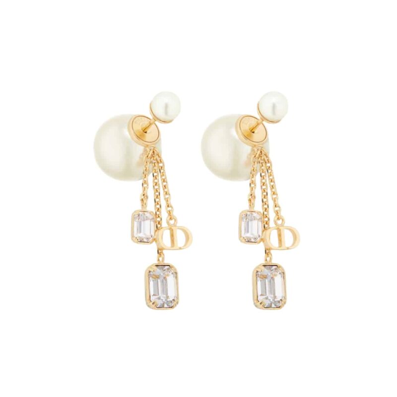 DIOR TRIBALES EARRINGS GOLD FINISH METAL WITH WHITE RESIN PEARLS AND SILVER TONE CRYSTALS