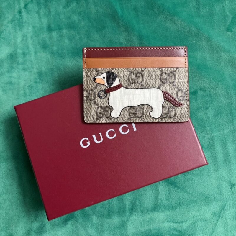 Alternative view of GUCCI BI-COLOR GG CARD CASE WITH DOG DETAIL BEIGE AND DARK BROWN 11CM