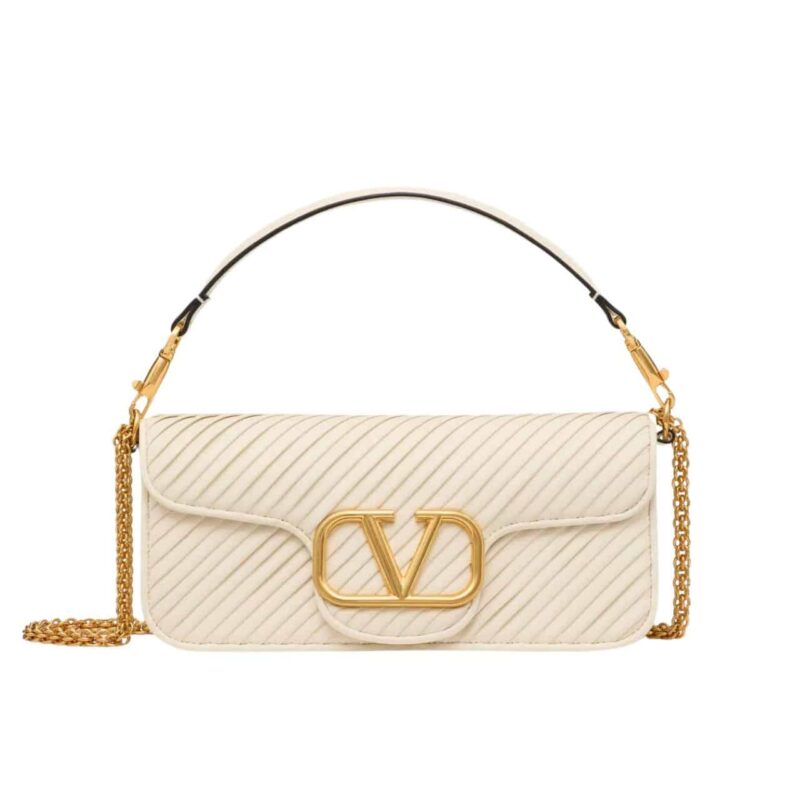VALENTINO GARAVANI LOCÒ SHOULDER BAG IN PLEATED NAPPA WHITE 26CM
