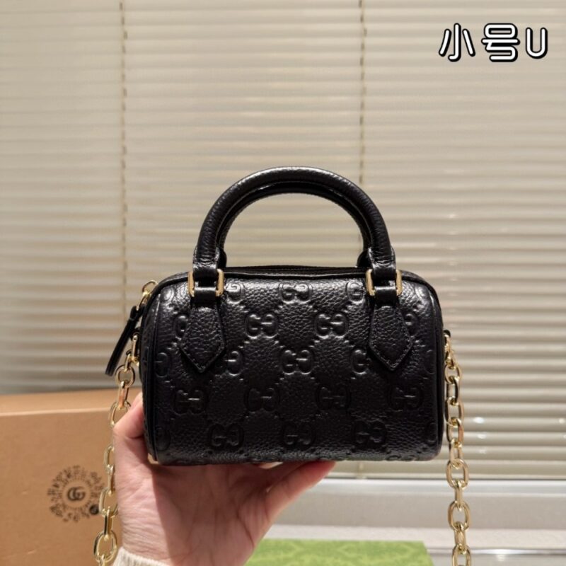 Alternative view of GUCCI GG EMBLEM SUPER MINI TOP HANDLE BAG BLACK GG GRAINY LEATHER 16CM 815255 AAEEM 1000