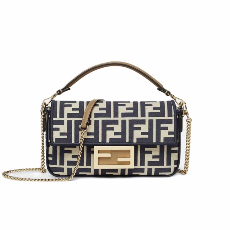 FENDI BAGUETTE MINI FF JACQUARD FABRIC BAG BLACK 21CM
