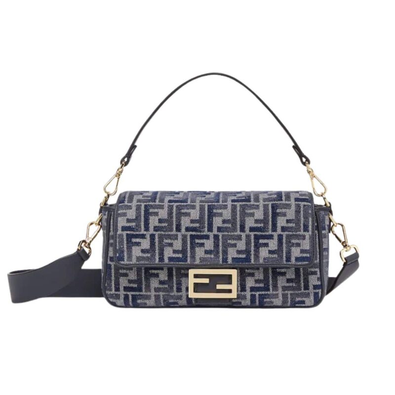 FENDI BAGUETTE FF CHENILLE BAG DARK BLUE 27CM