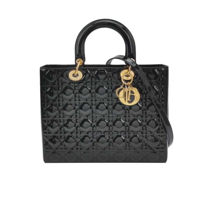 DIOR LADY DIOR PATENT CANNAGE BAG BLACK 32CM