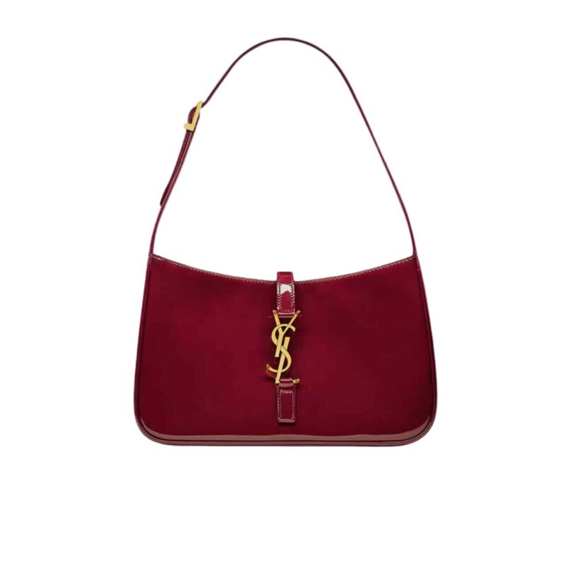 SAINT LAURENT LE 5 A 7 PATENT HOBO BAG IN SHINY LEATHER WINE RED 25CM