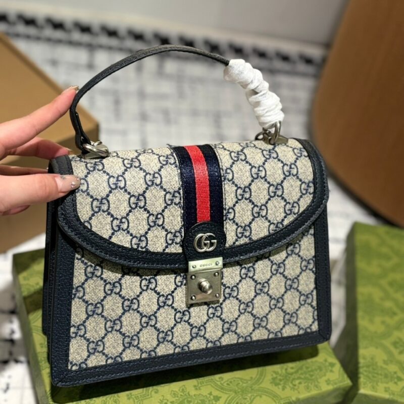 Alternative view of GUCCI OPHIDIA SMALL TOP HANDLE BAG BEIGE AND DARK BLUE 25CM 651055 96IWN 4076