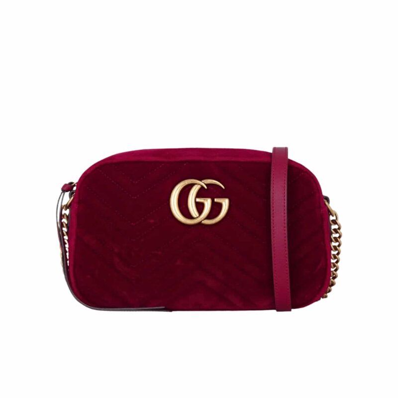 GUCCI SMALL GG MARMONT CAMERA BAG VELVET WINE RED 23CM