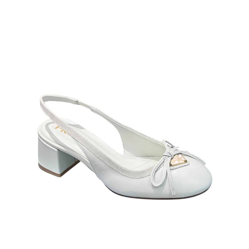 PRADA TRIANGLE LOGO BOW SLINGBACK PUMP IN WHITE