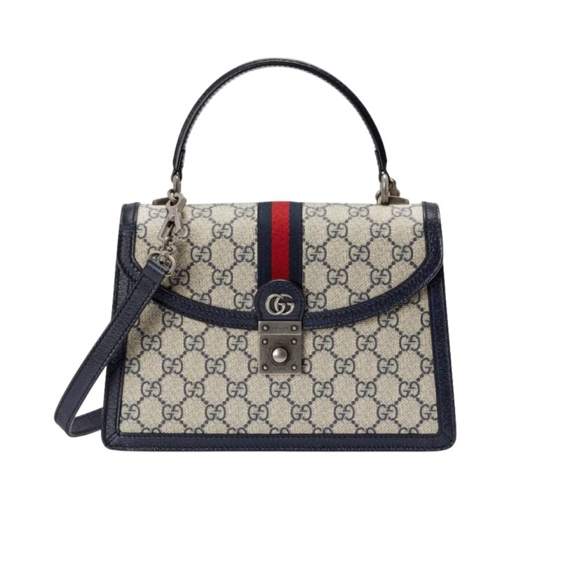 GUCCI OPHIDIA SMALL TOP HANDLE BAG BEIGE AND DARK BLUE 25CM 651055 96IWN 4076