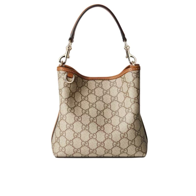 GUCCI GG EMBLEM MINI BUCKET BAG BEIGE AND DARK BROWN 21CM ‎815118 FAD6L 9758