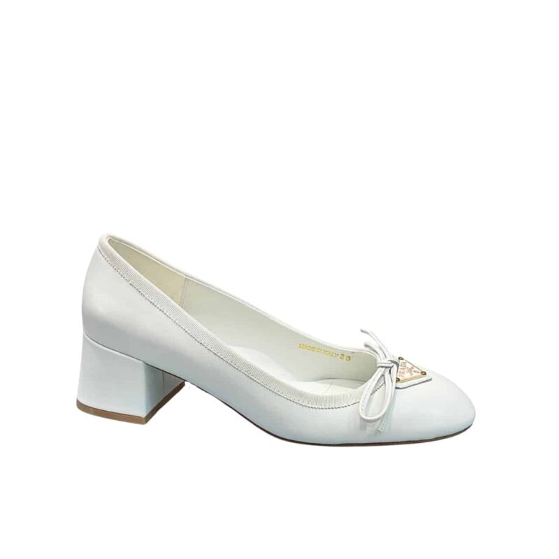 PRADA TRIANGLE LOGO BOW PUMP IN WHITE
