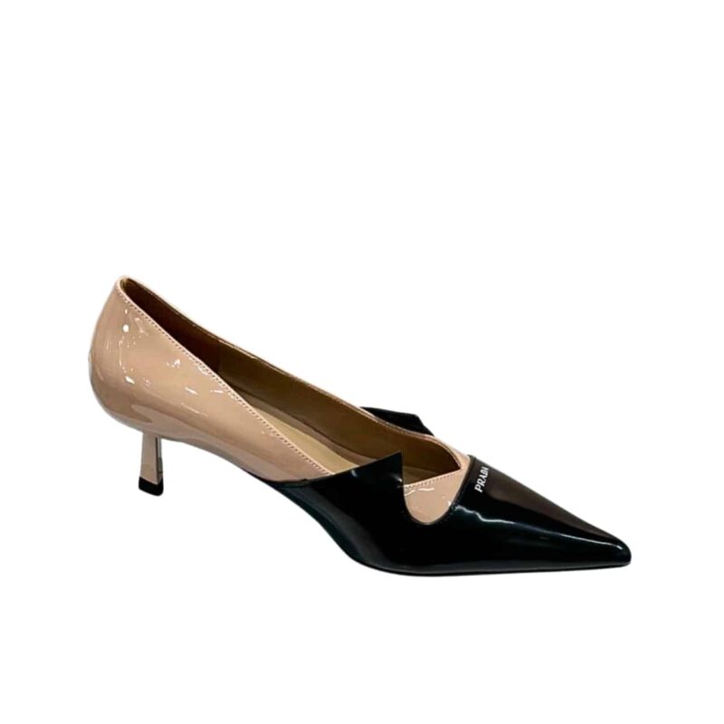 PRADA TWO TONE TOE KITTEN HEELS IN BLACK AND BEIGE