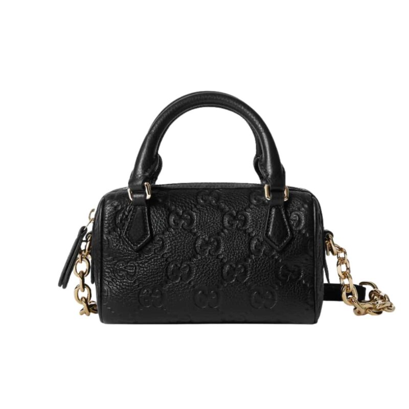 GUCCI GG EMBLEM SUPER MINI TOP HANDLE BAG BLACK GG GRAINY LEATHER 16CM 815255 AAEEM 1000