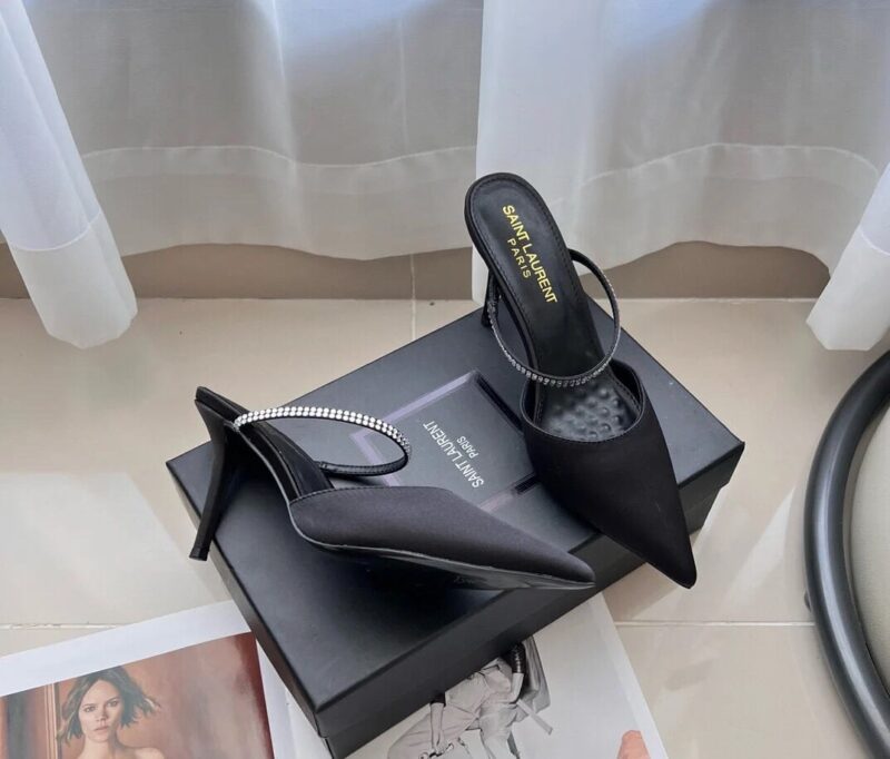 Alternative view of SAINT LAURENT BARBARA MULES SATIN AND RHINESTONES IN BLACK 7997159QN0A1021