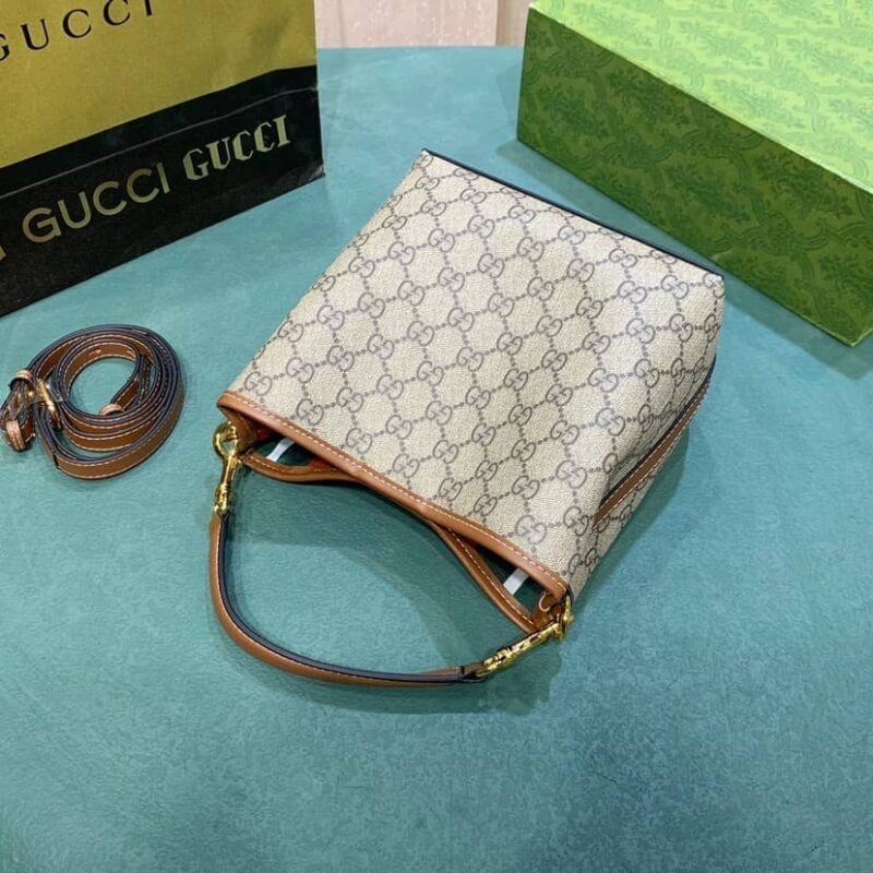 Alternative view of GUCCI GG EMBLEM MINI BUCKET BAG BEIGE AND DARK BROWN 21CM ‎815118 FAD6L 9758