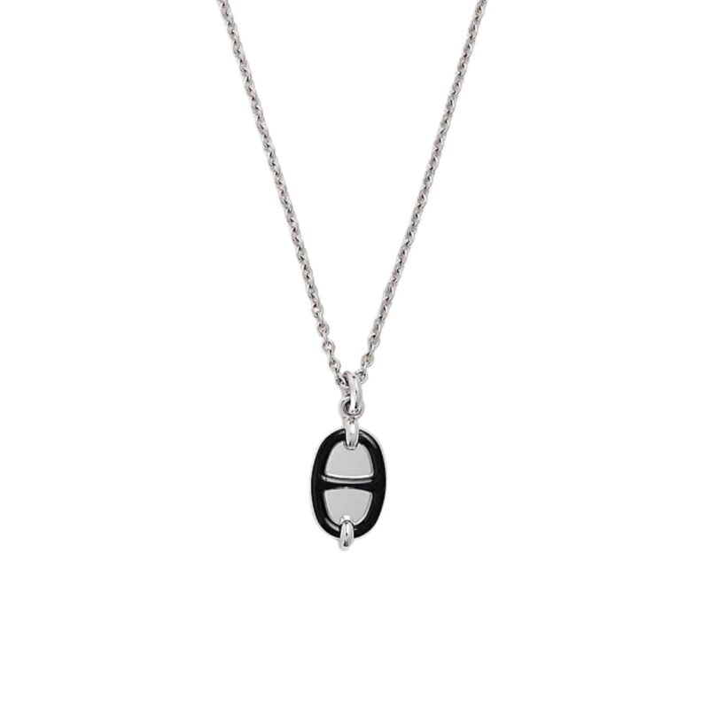 HERMES MINI MAILLON PENDANT SMALL MODEL NECKLACE SILVER TONE WITH BLACK H100053FP03