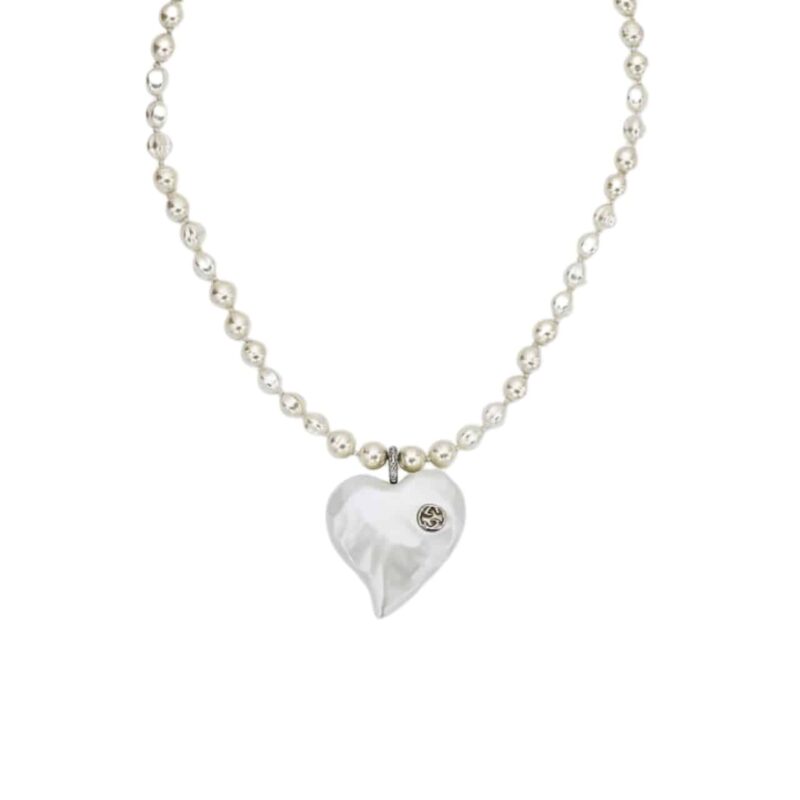 GUCCI INTERLOCKING G HEART NECKLACE IN PALLADIUM TONE METAL