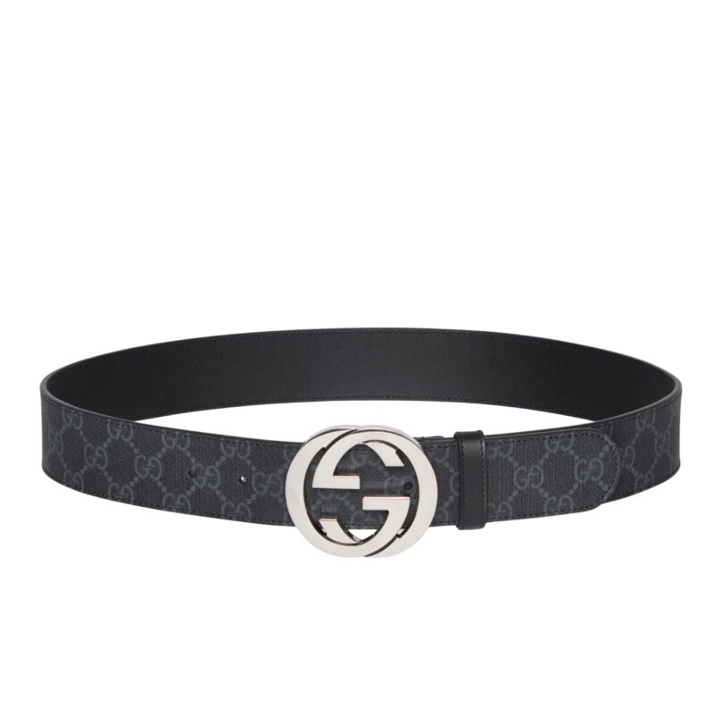 GUCCI GG SUPREME BELT WITH INTERLOCKING G BUCKLE BLACK GREY ‎411924 KGDHX 8449