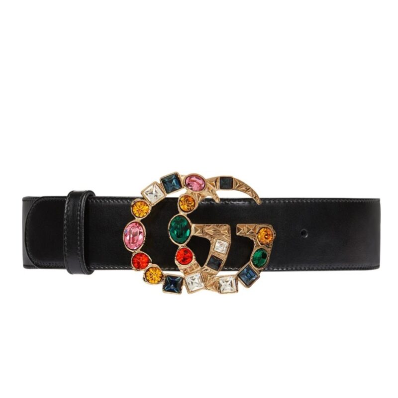 GUCCI LEATHER BELT WITH CRYSTAL DOUBLE G BUCKLE 513183 AP0IT 1093