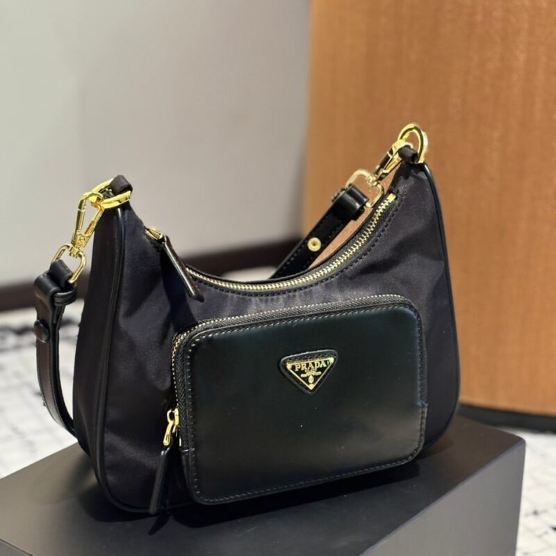 Alternative view of PRADA LEATHER POCKET RE NYLON SHOULDER BAG BLACK 22CM