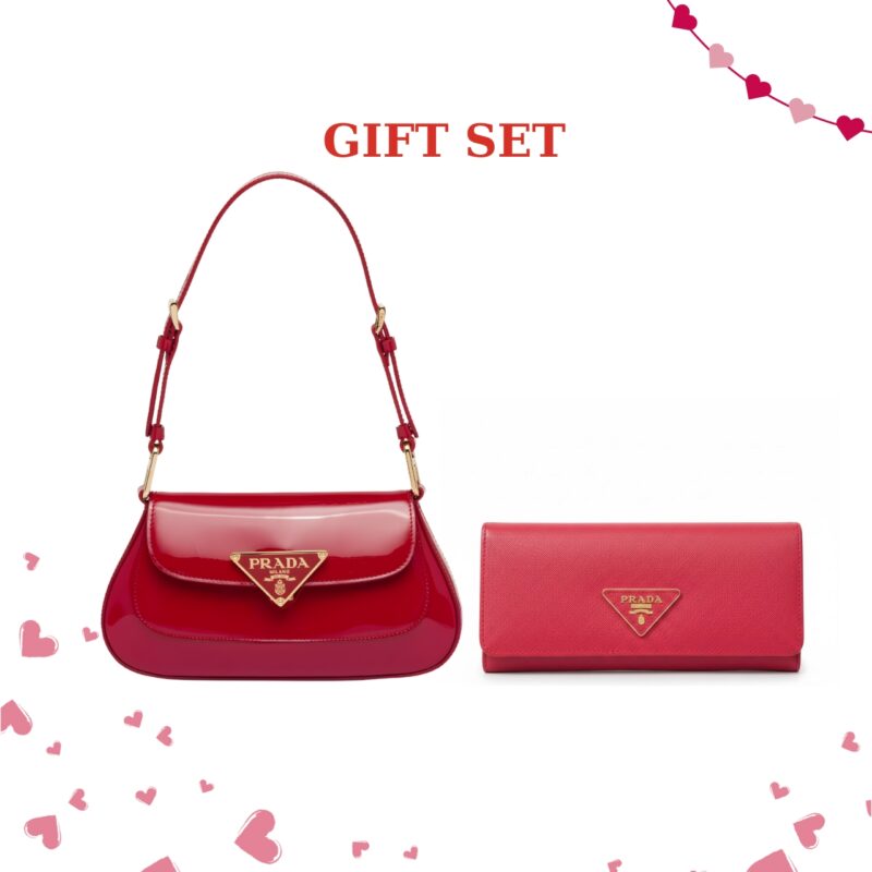 GIFT SET: PRADA PATENT SHOULDER BAG CHERRY RED & SAFFIANO WALLET RED