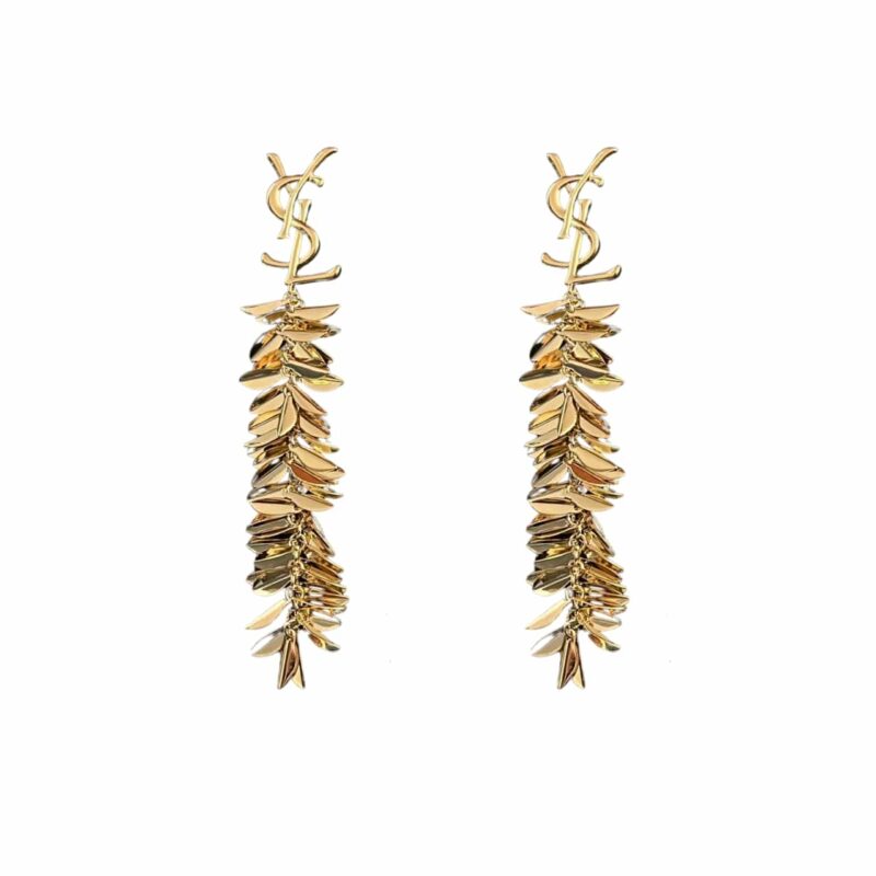 SAINT LAURENT YSL LEAF TASSEL GOLD EARRINGS