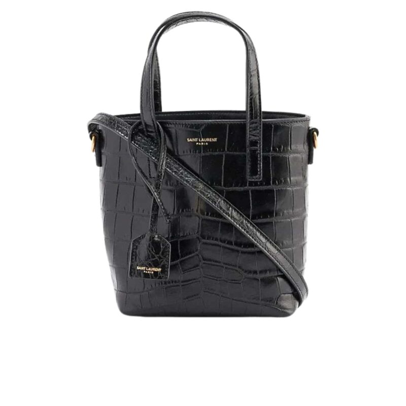 SAINT LAURENT TOY SHOPPING TOTE BAG CROCODILE BLACK 18CM