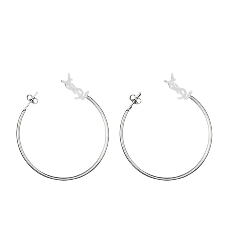 SAINT LAURENT YSL LOGO BIG ROUND EARRINGS SILVER TONE