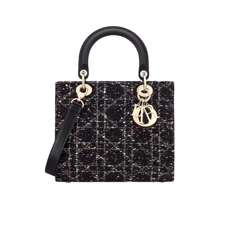 DIOR MEDIUM LADY D LITE CANNAGE TWEED BLACK 20CM