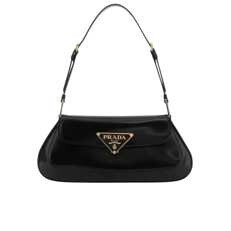 PRADA CLEO BAG IN BRUSHED LEATHER WITH TRIANGLE LOGO BLACK 24CM