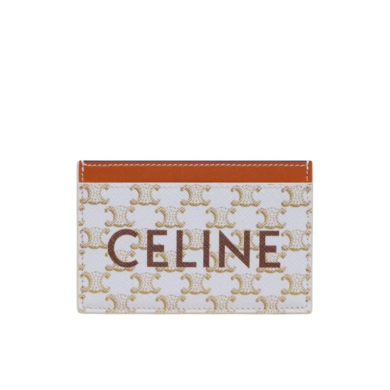 CELINE CARD HOLDER IN TRIOMPHE CANVAS WITH CELINE PRINT WHITE TAN 10CM 10B702CLY 01TA