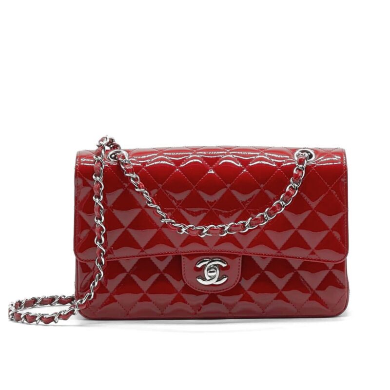 CHANEL MEDIUM CLASSIC DOUBLE FLAP BAG PATENT LEATHER RED 26CM