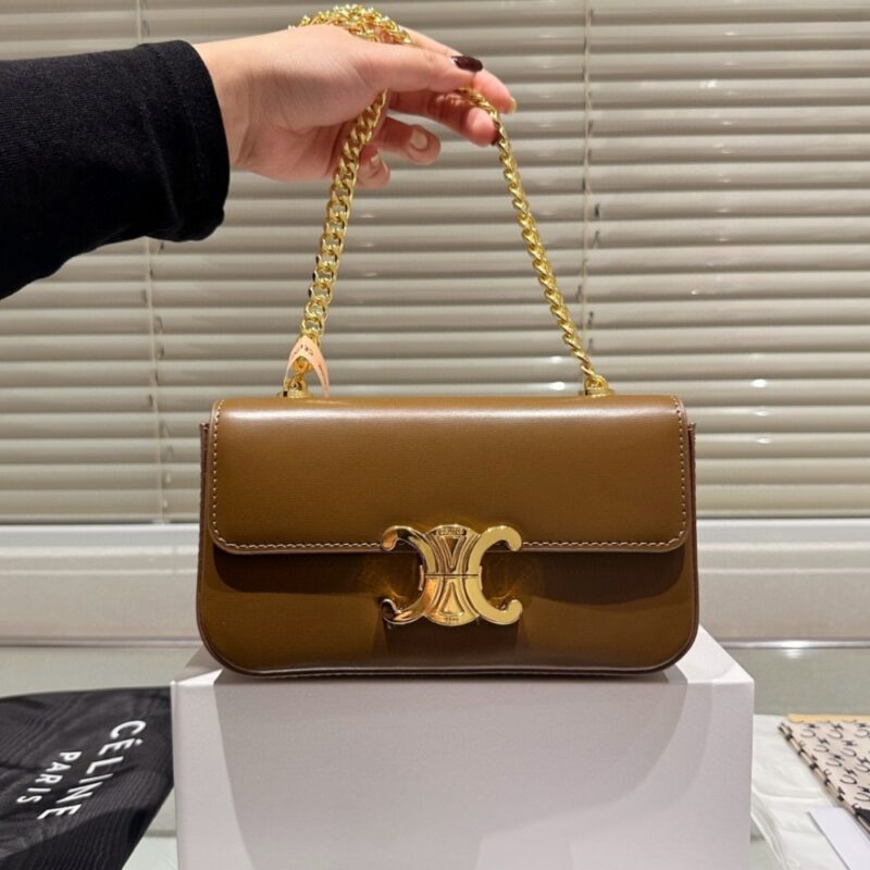 Alternative view of CELINE CHAIN TRIOMPHE IN SHINY SHOULDER BAG SILVER GOLDEN BROWN 20CM