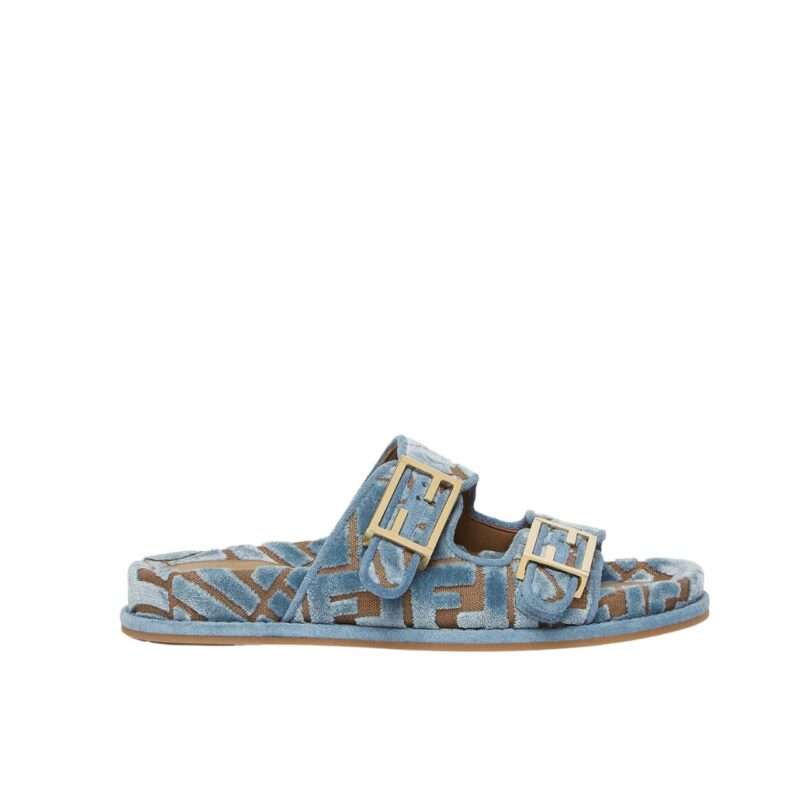 FENDI FEEL  FF JACQUARD VELVET SLIDES LIGHT BLUE  8X8326AOTMF1R88