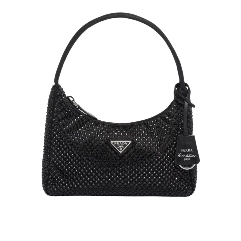 PRADA RE EDITION SATIN MINI BAG WITH CRYSTALS BLACK 21CM 1BC515 2AWL F0002 V OOO